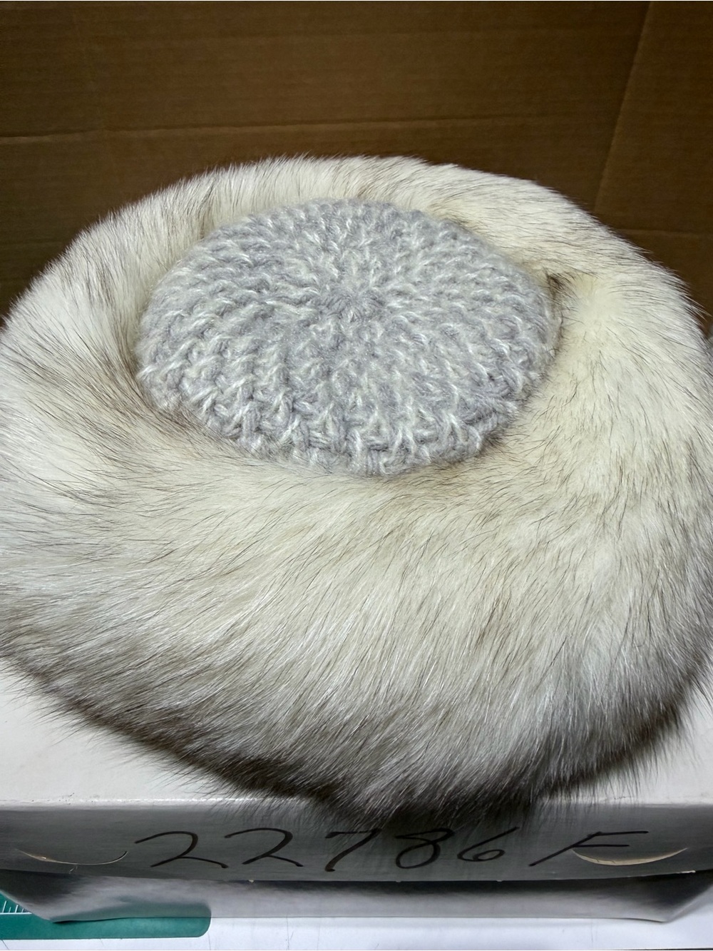 Vintage fox Fur Hat with Knit Crown - Cream and Gray